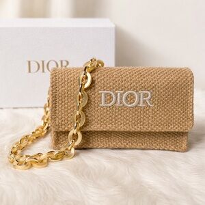 Dior Raffia GWP Shoulder Bag Clutch Tan Straw Purse Acrylic chain with Box NEW